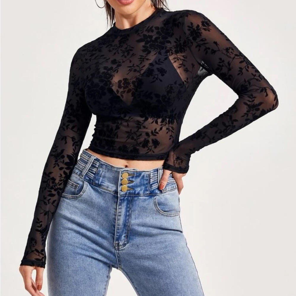 Shein Bae Mock-Neck Flocked Mesh Top without bra